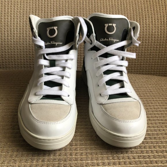 Salvatore Ferragamo Men's White Green Leather High Tops